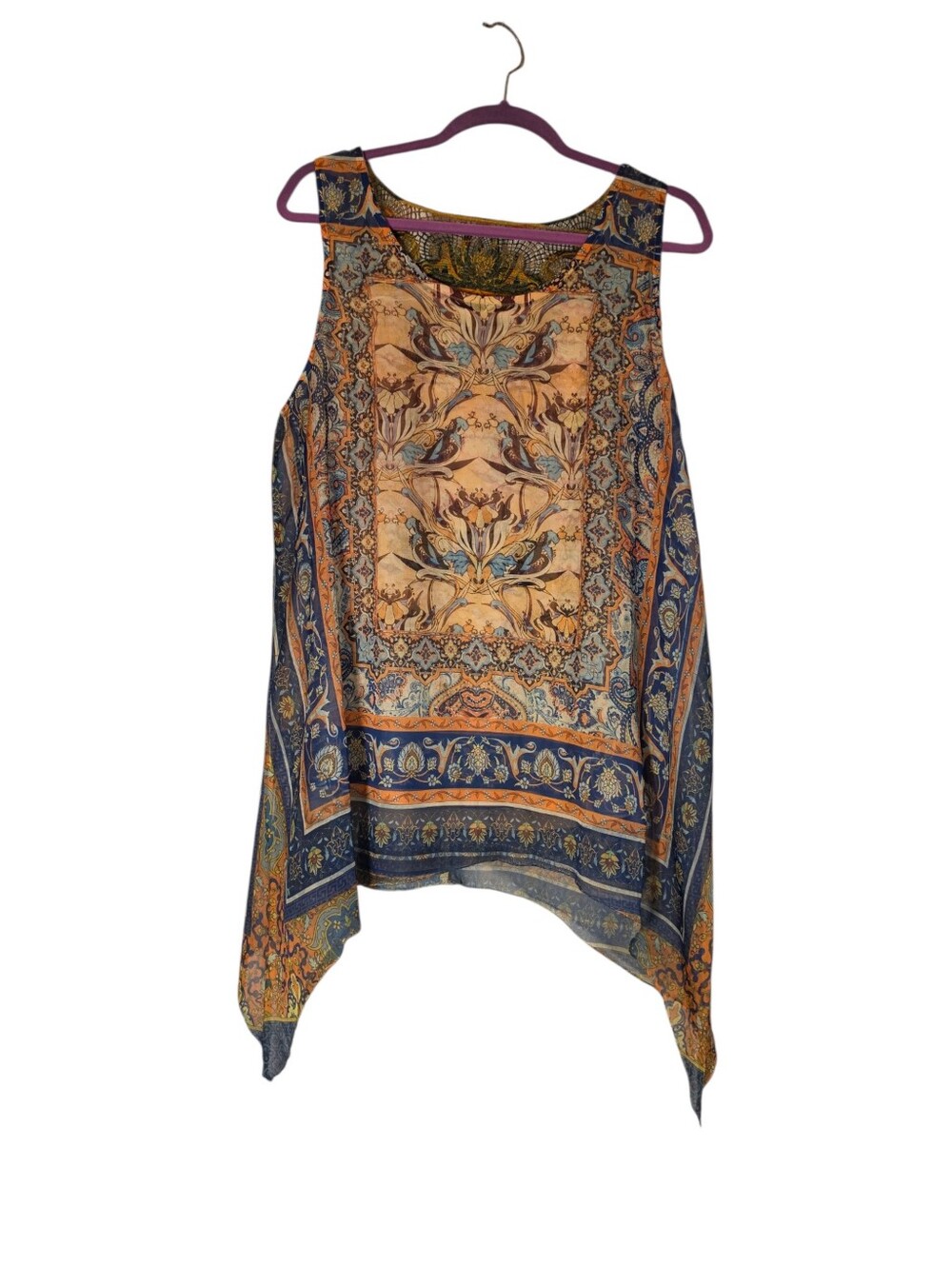 One World XL Tank Paisley Print Sleeveless Handkerchief Hem Top Blue & Tan